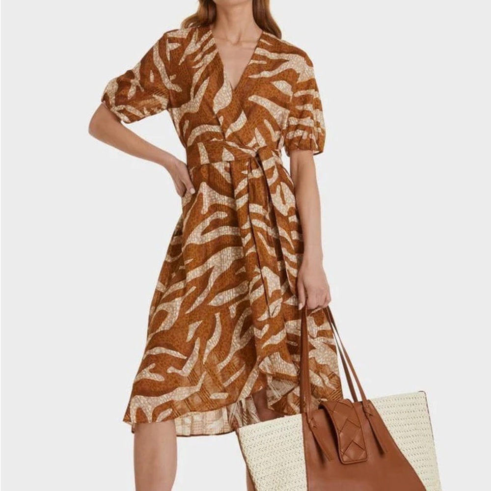Marc Cain Midi Wrap Dress Safari Print Silk Blend Tan Size‎ N6/US14